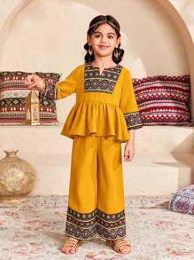 SHEIN DRMZ Young Girl 2pcs Woven Casual Shirt And Loose Casual Pants Set, Patchwork Long Sleeve Set. The Set Features A Totem Print With Cultural Characteristics, Presenting A Unique That Will Attract Little Girls. The Use Of Fabric Patchwork Adds Visual Depth And A Different Texture, Making The Set More Diverse. Suitable For Girls To Wear Daily, Festivals, Family Gatherings, And Special Occasions, Ramadan Decoration, Ramadhan