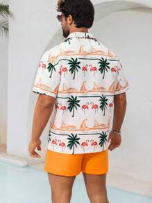 Zalmeno 男士休闲沙滩套装，含短袖衬衫和短裤，简约时尚，适合日常穿着，男士泳裤，夏威夷风 - 珊瑚橙 - 查看 2