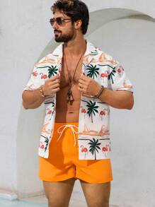 Zalmeno 男士休闲沙滩套装，含短袖衬衫和短裤，简约时尚，适合日常穿着，男士泳裤，夏威夷风 - 珊瑚橙 - 查看 4