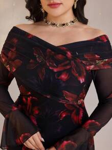 Modelyn Vestido elegante de mujer talla grande con manga de campana y estampado floral off shoulder