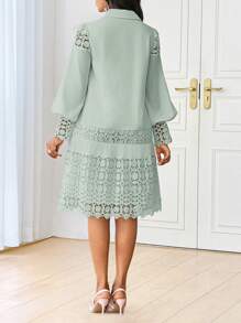 SHEIN Lady 春夏休闲优雅工作白色撞色蕾丝衬衫裙束腰连衣裙中长款女士连衣裙 - 薄荷綠 - 查看 2