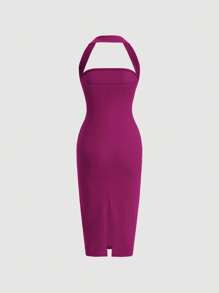 Firerie Đầm ôm body hở lưng cổ yếm xếp nếp đơn giản - Màu đỏ tím - Xem 2