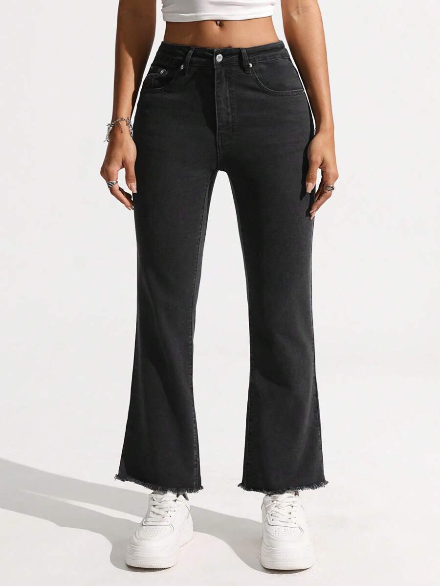 SHEIN EZwear 女式休闲修身喇叭牛仔裤 - 黑色 - 查看 1