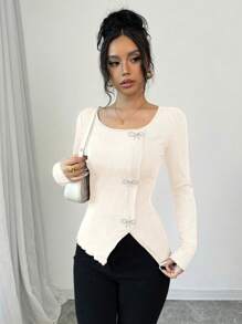 Elenzga Women's Bow Decor Minimalist Long Sleeve T-Shirt, Casual For Daily Wear For Spring - White - View 5