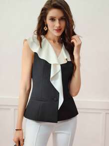 MOTF PREMIUM CONTRAST STATEMENT COLLAR SLEEVELESS BLOUSE - Black and White - View 4
