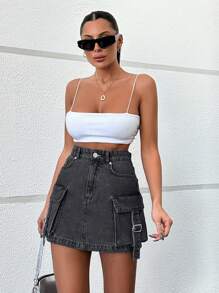 EURMUSE Flap Pocket Buckle Detail Denim Skirt - Black - View 5