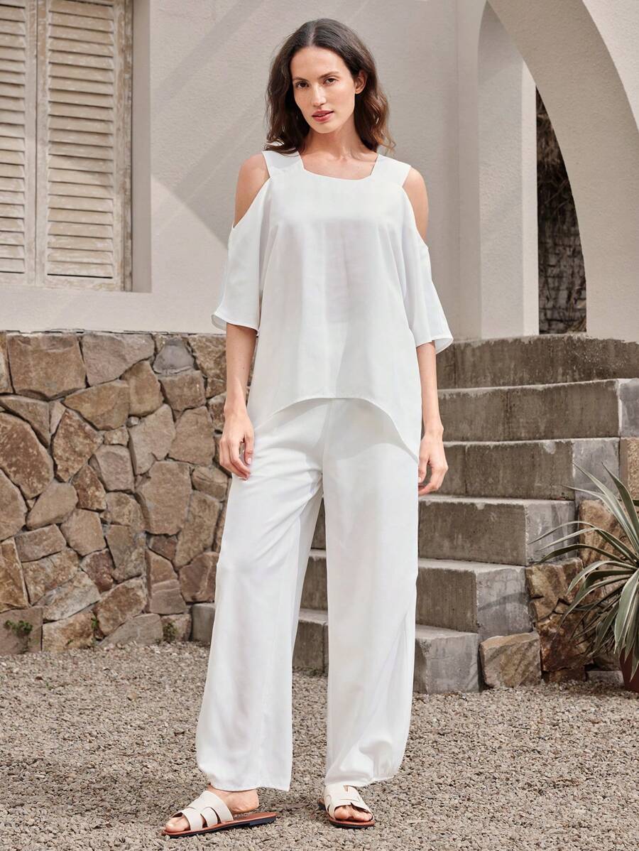 EMERY ROSE 2pcs Women Casual Solid Color Shoulder Top And Pants Set - White - View 1