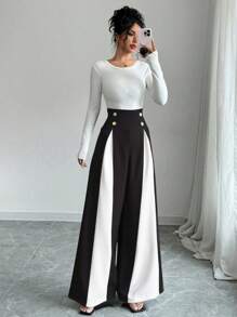 Chiquease Black & White Patchwork Metal Buckle Casual Commuter Style Pants - Black and White - View 6