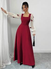 Modelyn 女士多面料拼接蝴蝶结 3D 花卉束腰中长连衣裙 - 紅色 - 查看 7