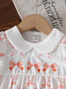 女婴休闲褶皱泡泡袖粉色蝴蝶装饰衬衫，夏季日常和外出必备 - 橘色 - 查看 5