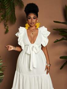 Maweii Vestido casual de talla grande para mujer, tipo línea A, de un solo color, con lazo en el pecho, para vacaciones