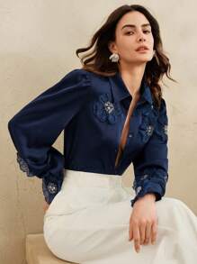 Anewsta Elegant 3D Floral Decoration Long Sleeve Shirt, Spring Autumn New Arrival - Navy Blue - View 1