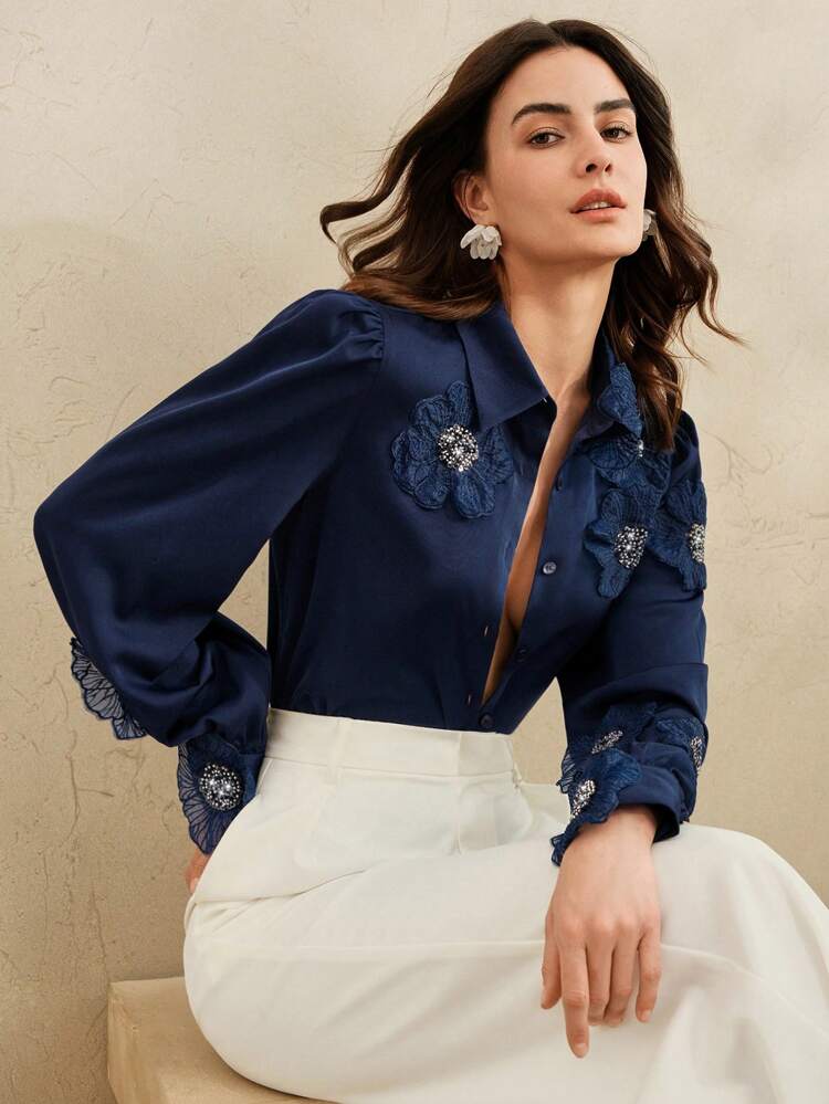 Elegant 3D Floral Decoration Long Sleeve Shirt, Spring Autumn New Arrival