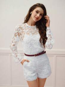 MOTF PREMIUM Pantalones cortos con bolsillos sesgados de encaje guipur - Blanco - Ver 3