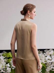 MOTF PREMIUM 100% SILK TIE NECK SLEEVELESS BLOUSE, SPRING SUMMER SATIN BLOUSE - Apricot - View 5