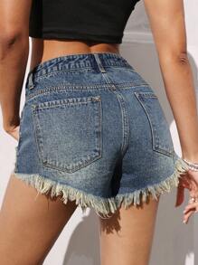 SHEIN EZwear Casual Distressed Denim Shorts With Tassel Hem - Dark Wash - View 3