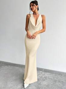 Firerie 全新浪漫约会之夜性感深 V 领露背 A 字型白色长裙，适合节日、优雅派对 - 卡其色 - 查看 5