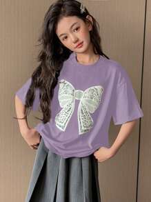 DAZY Tween Girl Crew Neck Knit Short Sleeve Butterfly Print T-Shirt, Spring/Summer,Back To School Clothes - Purple - View 4