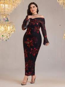 Modelyn Vestido elegante de mujer talla grande con manga de campana y estampado floral off shoulder