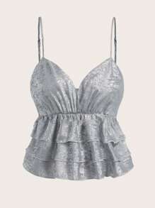 SHEIN Essnce Top corto de verano 2025 - Camisola con escote smock brillante metálico con volados en el ruedo, atuendo listo para festivales y ropa de playa casual para mujeres, blusas de verano para mujer, ropa de vacaciones para mujer, para festivales musicales