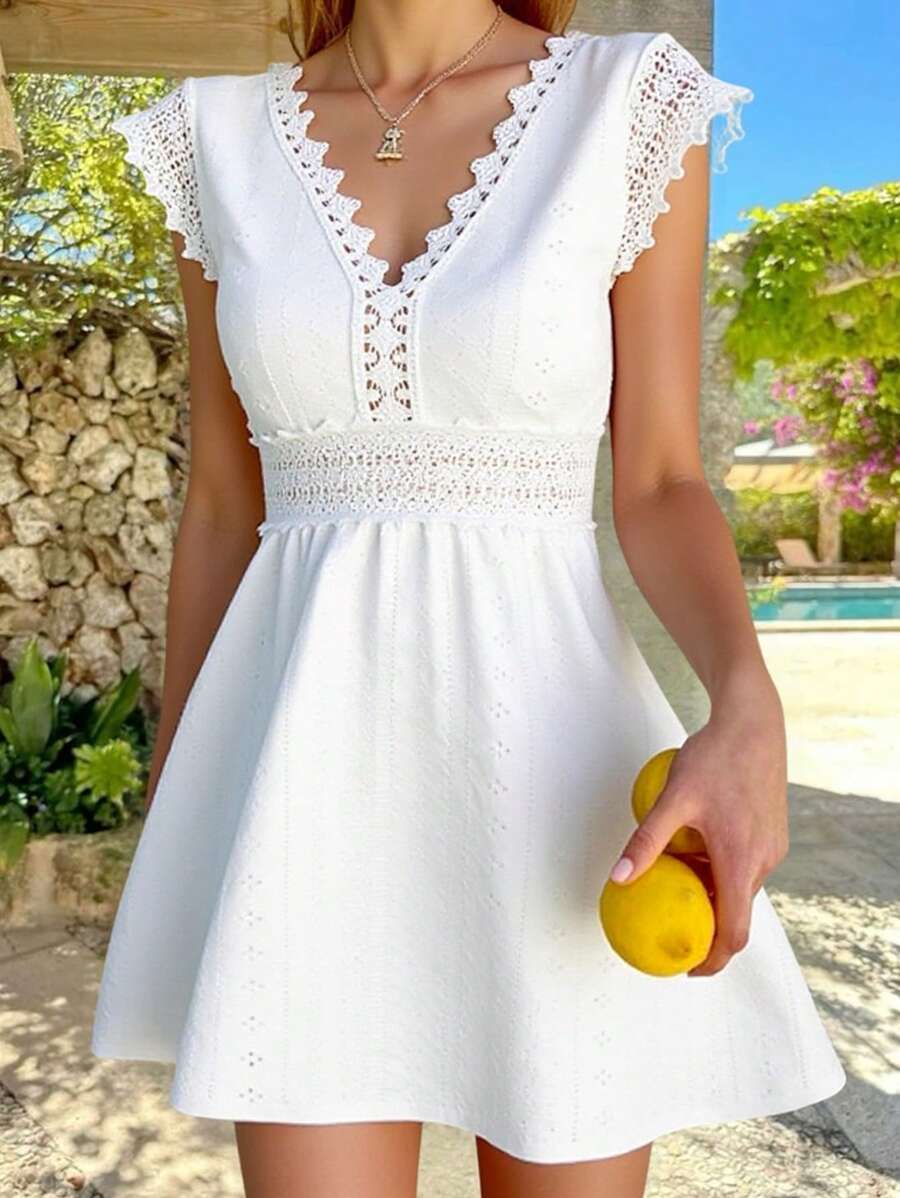 Serisse 女士拼接蕾絲v領連衣裙 - 白色 - 查看 1