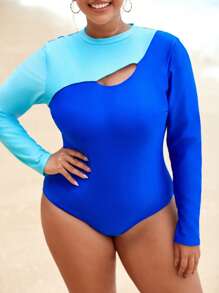 SHEIN Swim Curve Traje de baño de una pieza para mujer de talla grande con color de contraste, efecto calado y mangas largas, para uso casual, vacaciones y playa/surf