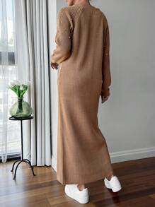 EURMUSE Round Neck Raglan Sleeve Maxi Sweater Dress With Beading - Camel - View 6