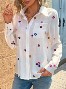 INAWLY Solva Women's Vacation Floral Embroidery Long Sleeve Single-Breasted Pocket Blouse Fall Cloth For Women - White - View 2