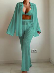 SHEIN Swim 2pcs Beach Cover Up Set For Women - Green - View 1