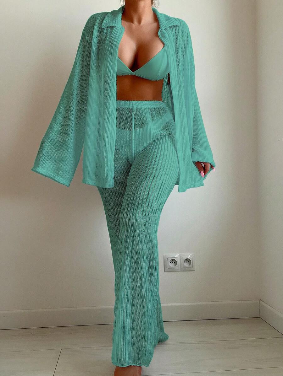 SHEIN Swim 2pcs Beach Cover Up Set For Women - Green - View 1