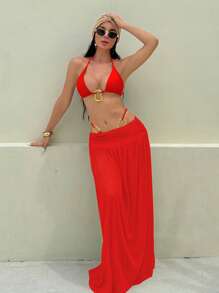 Swim SXY 3 件套金属面料纯色三角吊带性感优雅比基尼套装，配有不对称金属环和长网眼沙滩裙，适合度假