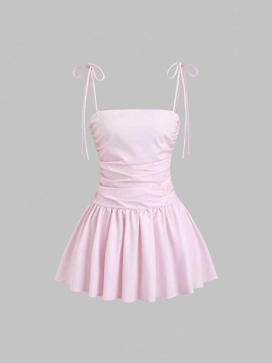 Sweetra 女式新款简约蝴蝶结褶饰 A 字腰短款迷你吊带背心连衣裙