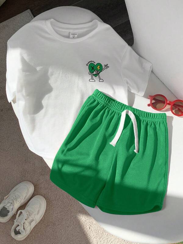 2pcs/Set Casual Korean Style Young Boys & Girls Cute Comfortable & Fashionable Simpile Soft Round Neck T-Shirt And Shorts Set, Suitable For Daily Wear, School, Travel, Sports, Spring & Summer, Valentine's Day