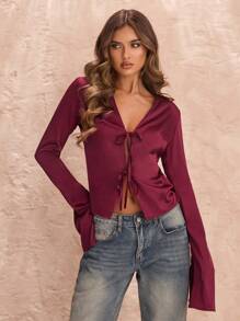 SHEIN BAE Seksi Chic Burgundy Autumn Blouse,Satin Bowknot Long Sleeve Top For Night Out,Solid Wine Red V Neck Shirt,Party Cocktail Beach Vacation Office Work - Burgundy - View 3