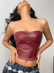 SHEIN Essnce Burgundy Autumn Girly Night Club Women's PU Leather Bandeau Top,Minimalist Fish Bone Design Ruched Tube Top For Party Valentine's Day & Date Night - Burgundy - View 6