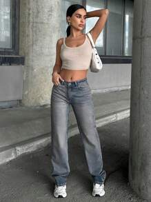 SHEIN Tall 100% 纯棉 低腰 复古水洗 直筒 修身高腰 - 中等水洗藍 - 查看 4