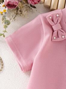 SHEIN 2pcs Pink Short Sleeve Top & Flared Pearl Decor Shorts Set For Little Girls Summer - Pink - View 6