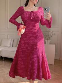 DAZY Women Square Neck Long Sleeve Textured Fabric Dress Elegant,Ruffle,Fall Dress - Burgundy - View 8