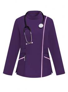 TaskEZ Women Professional Suit Set Including Long Sleeve Top And Long Pants, Minimalist & Fashionable, Suitable For Summer Running Nurse & Uniform Scrubs Handwashing Pocketed Breathable Brushed Clothing Set Scrub Stretchable Athletic Workwear With Pockets Scrub Top And Pants Set Women's Scrub Set: Notch V-Neck Tuck In Top & Straight Leg Pants Essential Jogger Scrub Set Nursing Uniform Stretch Top & Drawstring Cargo Pants - Purple - View 3