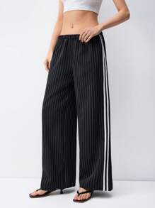 LYSMO Black Pinstripe Side Stripe Detail Drawstring Low Waist Pants