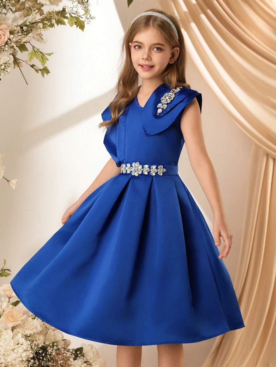 SHEIN 青少年女孩优雅缎面礼服,适合派对场合 - 藍色 - 查看 1