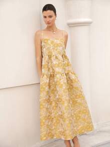 Aveloria Rosie Elegant Vintage Jacquard Jacquard Slip Dress With Oversized A-Line, Patchwork Design For Women, Mid-Length Boho Vacation Fashionable Style All Over Print Floral PRINT For Summer