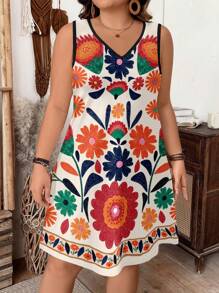 SHEIN LUNE Plus Size Women's Vibrant Floral Print V-Neck Sleeveless Casual Summer Vacation Dress