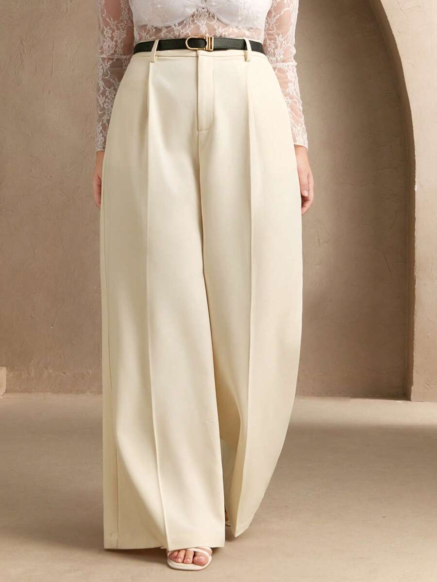 Anewsta 端庄时尚商务休闲直筒大码女士西装裤，新年女装，春夏女装阔腿裤，毕业、返校、教师装 - 米色 - 查看 1