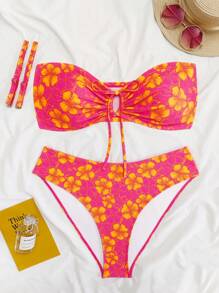 Swim Mod 大码女式两件套随机印花镂空抽绳性感时尚休闲度假泳装 - 彩色 - 查看 1