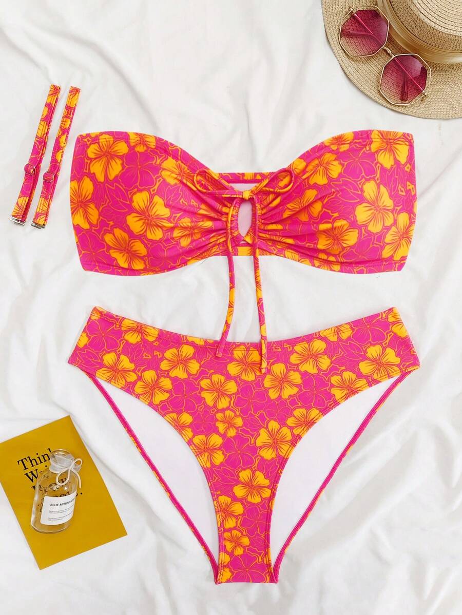 Swim Mod 大码女式两件套随机印花镂空抽绳性感时尚休闲度假泳装 - 彩色 - 查看 1