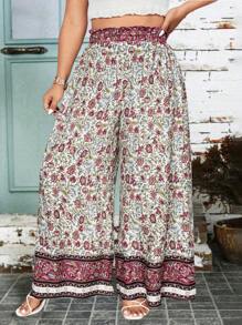 Breezaya Pantalones anchos de vestir informales con estampado floral para mujer de tallas grandes, con cordón en la cintura
