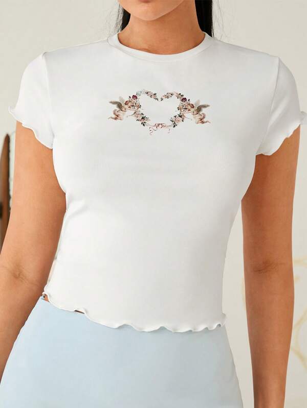 Enchnt Spring/Summer Romantic Women's White Rose Wreath&Little Cupid Print Round Neck Short Sleeve Cute Mini T-Shirt,Sweet&Elegant&Casual For Birthday&Holiday Party&Sweet Date&Vacation&Graduation Season&Y2K,Summer For Women&Fairycore,Wedding Guest Women,Bridal Shower White,Concert Women T-Shhirt