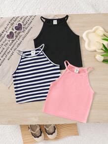 3pcs Young Girl Solid Color Knit Sleeveless Top + Knit Striped Sleeveless Top Cute Set
