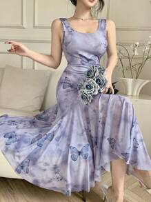 DAZY Mid-Calf Floral Print Sleeveless Dress For Women,Ruffle,Casual Women Dresses - Purple - View 1